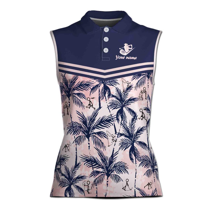 Custom Name Women's Golf Polo, Kiss My Putt Funny Slogan, Sleeveless Tropical Palm Tree Shirt, Personalized Ladies Golf Tank Top