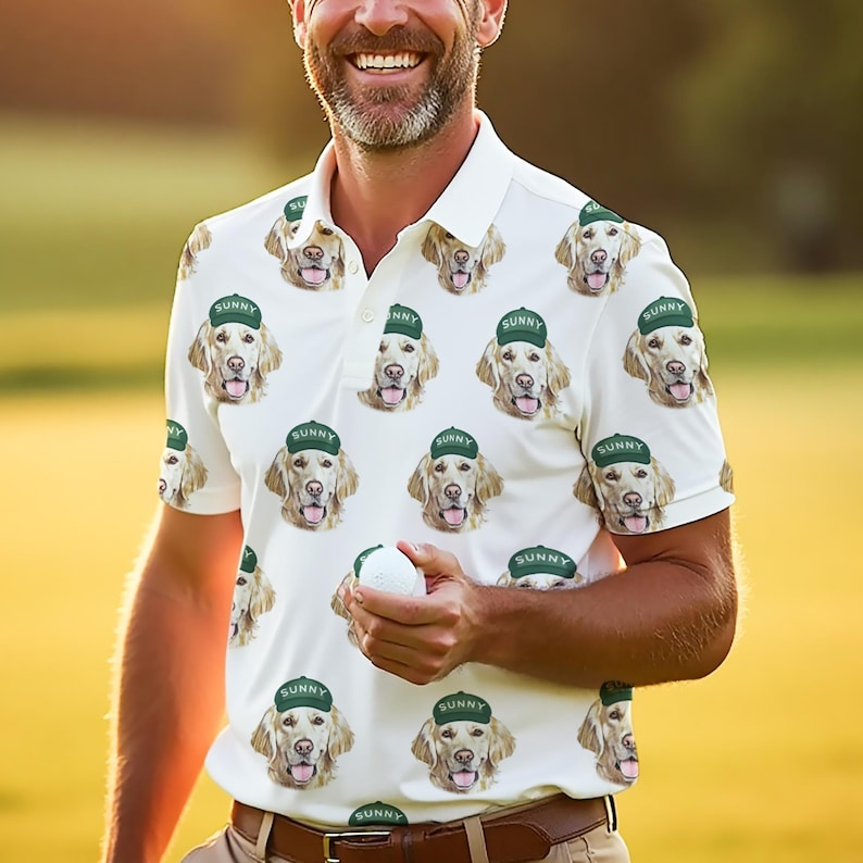 Custom Pet & Human Face Golf Polo Shirt - Personalized Dog Cat Photo Tee - Funny Gift for Dog Dad & Husband, Polo For Golfer