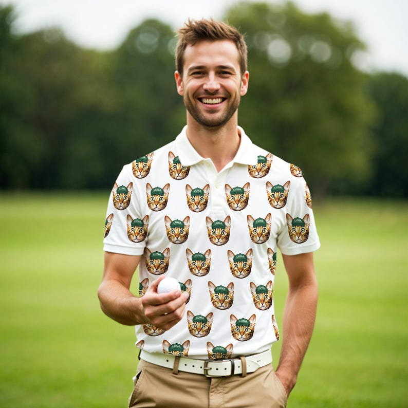 Custom Pet & Human Face Golf Polo Shirt - Personalized Dog Cat Photo Tee - Funny Gift for Dog Dad & Husband, Polo For Golfer