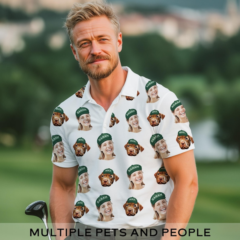Custom Pet & Human Face Golf Polo Shirt - Personalized Dog Cat Photo Tee - Funny Gift for Dog Dad & Husband, Polo For Golfer