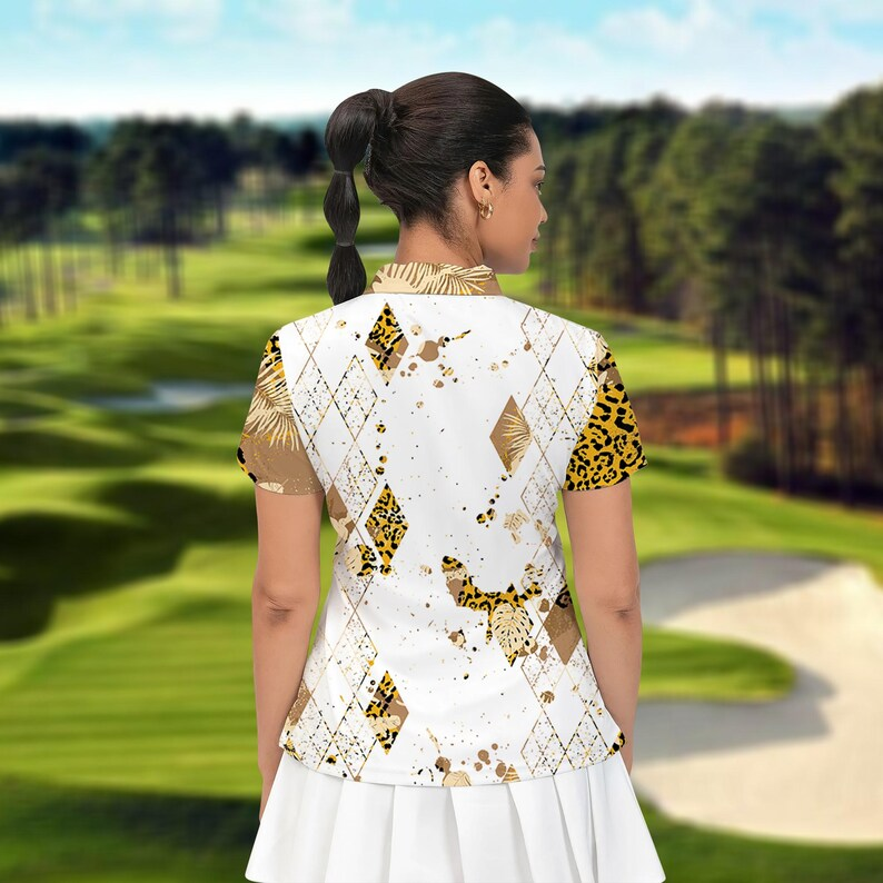 Women's Leopard Print Golf Polo Shirt | Slim Fit Pique Knit | Gold & Black Geometric Animal Pattern | Ladies Performance Top PLSGTP41