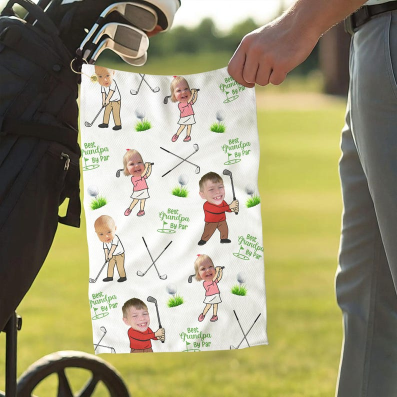 Personalized Golf Towel with Kid's Photo - Custom Picture Gift for Dad, Grandpa - Best Father's Day Golfing Accessories