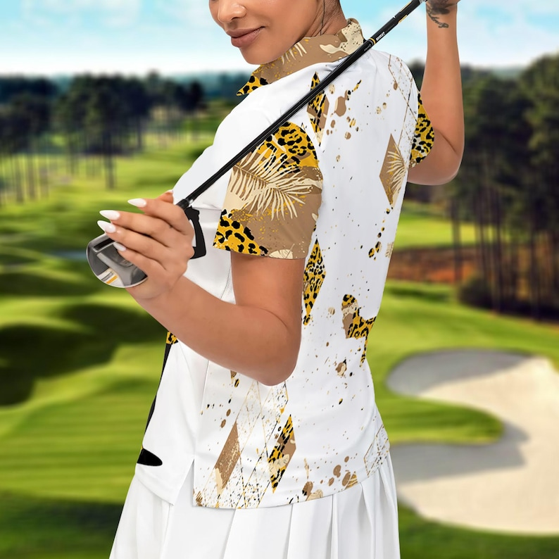 Women's Leopard Print Golf Polo Shirt | Slim Fit Pique Knit | Gold & Black Geometric Animal Pattern | Ladies Performance Top PLSGTP41