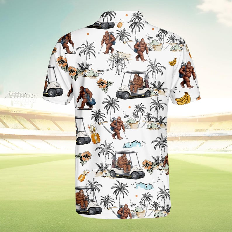 Funny Bigfoot Golf Polo Shirt for Men Women, Tropical Golf Cart Sasquatch Polo, Summer Golfer Gift, Lightweight Golf Outfit