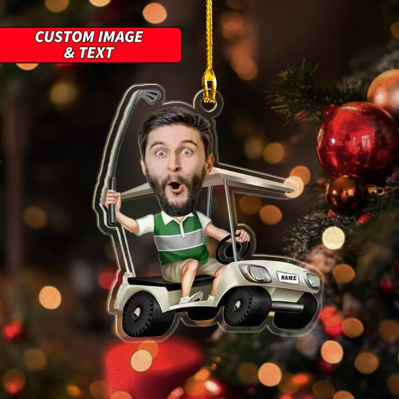 Personalized Golfer Acrylic Ornament - Custom Photo Face & Name Golf Cart Decoration - Funny 2D Printed Christmas Tree Gift for Dad