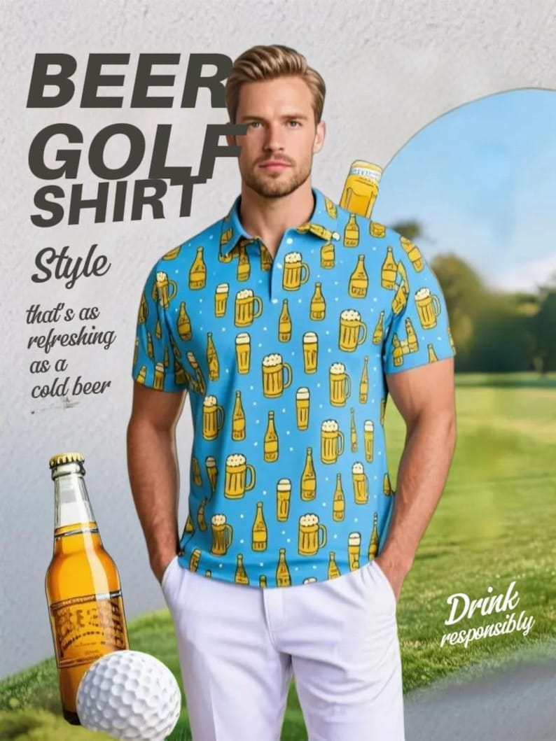 Beer Golf Polo Shirt for Men, Funny Golf Shirt, Novelty Beer Lover Gift, Cool Golf Apparel, Men’s Performance Polo, Summer Golf Outfit