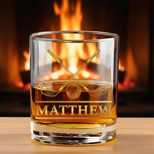Personalized Golf Whiskey Glass, Custom Name Crossed Clubs Design, Gold Style Rocks Glass, Elegant Golfer Gift for Men, Dad, or Boss