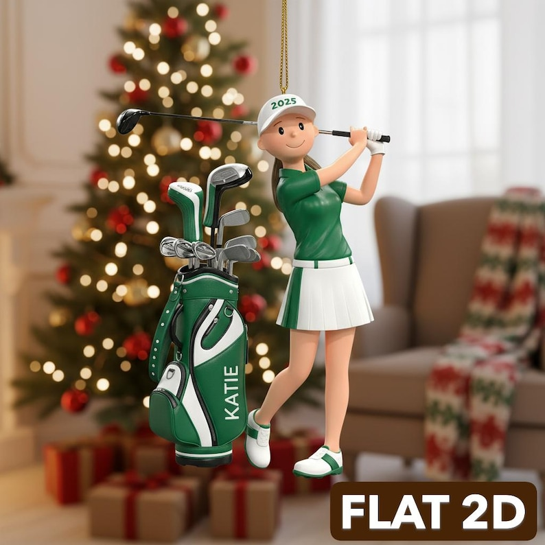 Personalized Female Golfer Acrylic Ornament 2026 - Custom Name Golf Girl Flat 2D Decoration - Christmas Tree Gift for Her