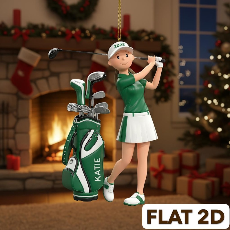 Personalized Female Golfer Acrylic Ornament 2026 - Custom Name Golf Girl Flat 2D Decoration - Christmas Tree Gift for Her