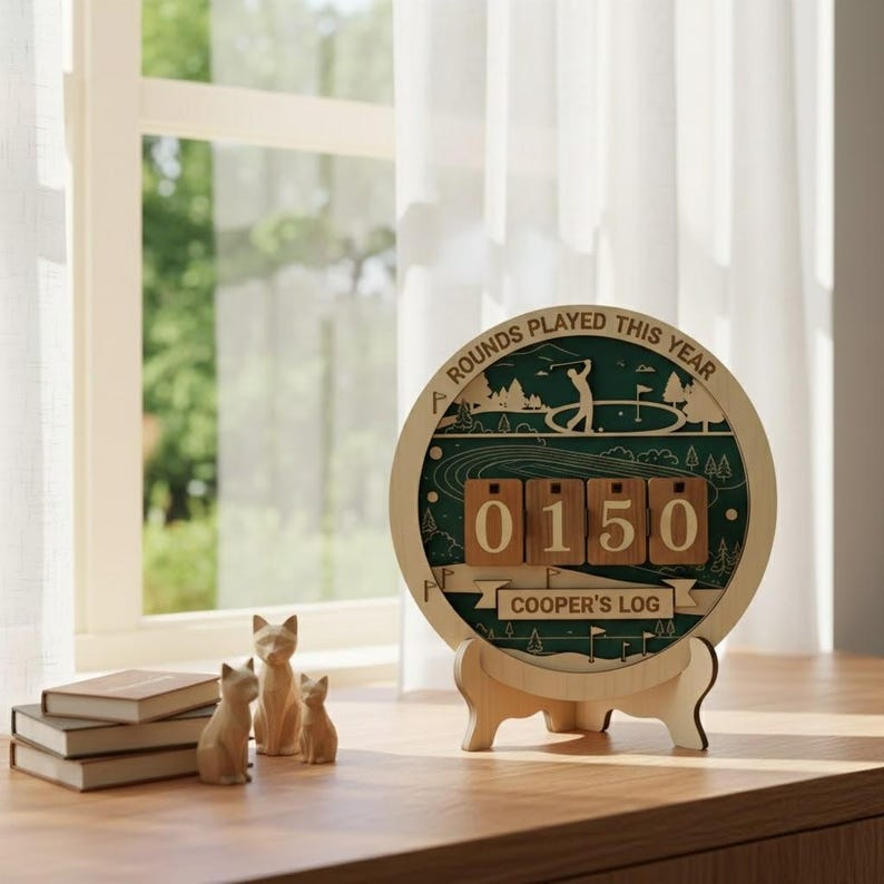 Personalized Golf Rounds Tracker Shelf Sign, 3D Wooden Tabletop Counter with Stand, Custom Golf Log & Stats Keeper, Desk Decor Gift for Him