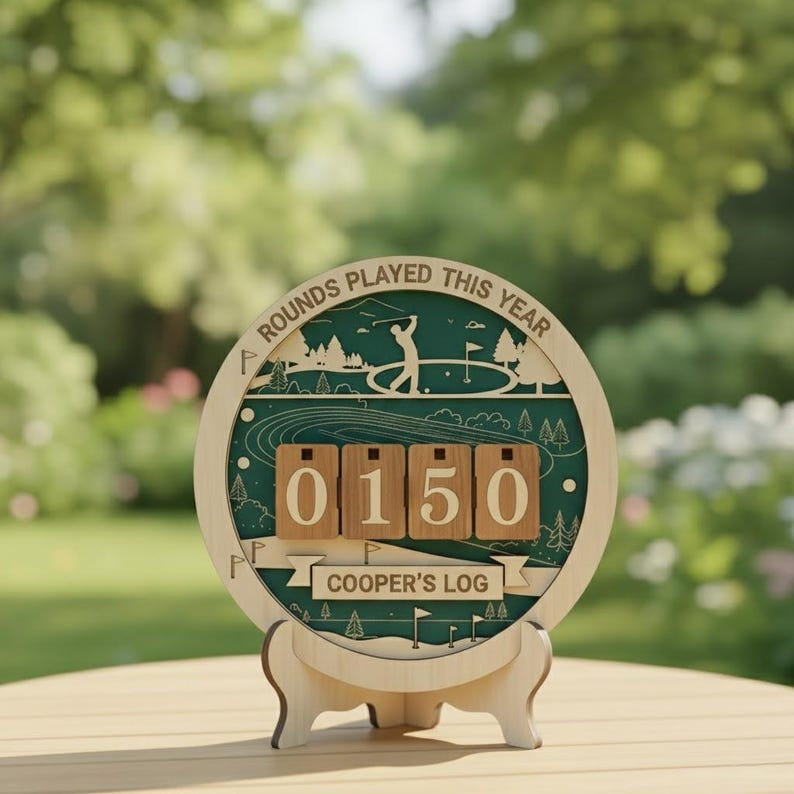 Personalized Golf Rounds Tracker Shelf Sign, 3D Wooden Tabletop Counter with Stand, Custom Golf Log & Stats Keeper, Desk Decor Gift for Him