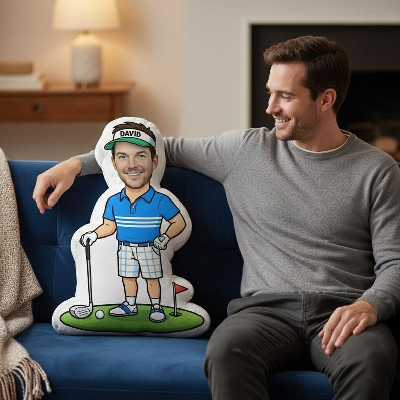 Personalized Face Golf Pillow: Custom Name Sports Cushion, Cartoon Golfer Design