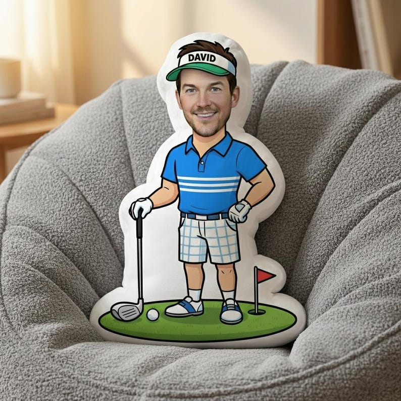 Personalized Face Golf Pillow: Custom Name Sports Cushion, Cartoon Golfer Design