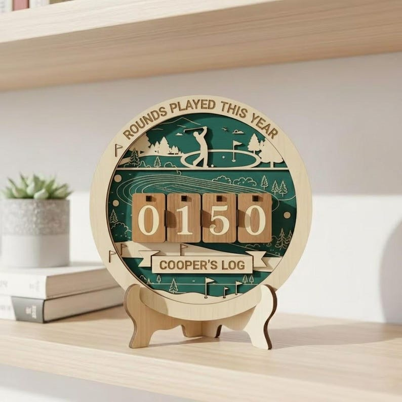 Personalized Golf Rounds Tracker Shelf Sign, 3D Wooden Tabletop Counter with Stand, Custom Golf Log & Stats Keeper, Desk Decor Gift for Him