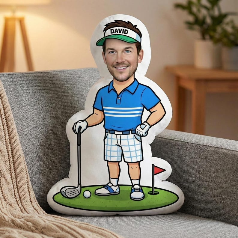 Personalized Face Golf Pillow: Custom Name Sports Cushion, Cartoon Golfer Design