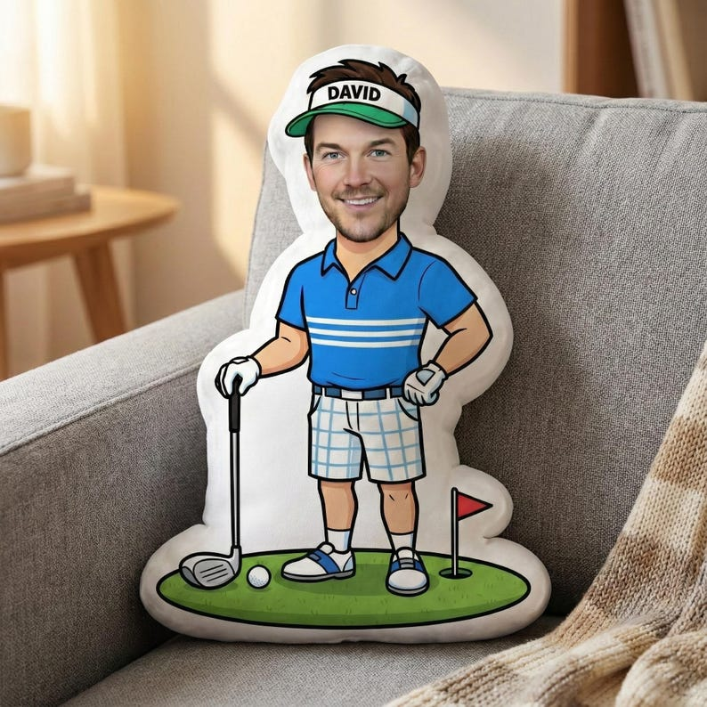 Personalized Face Golf Pillow: Custom Name Sports Cushion, Cartoon Golfer Design