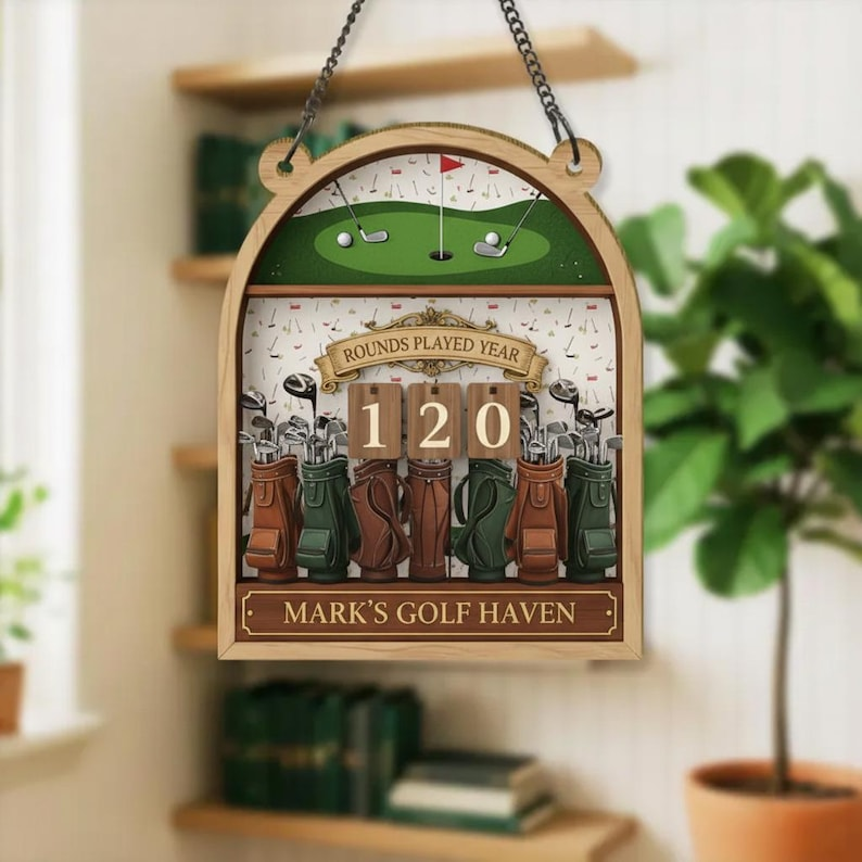 Custom Golf Rounds Tracker Sign, Personalized Golf Bag Collection Wall Decor, Annual Score Counter with Interchangeable Numbers, Gift for Him