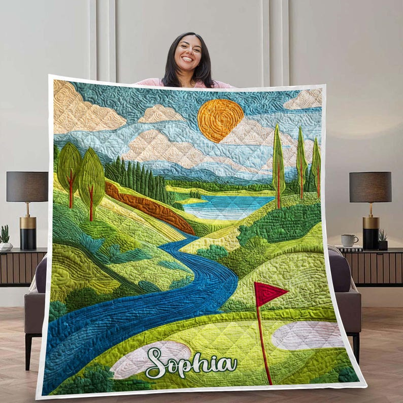 Custom Name Golf Landscape Quilted Blanket, Scenic Nature Quilt, Golfer Lover Gift, Unique Home Decor Bed Blanket, Sunset Golf Blanket