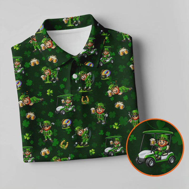 St. Patrick's Day Golf Polo Shirt - Funny Leprechaun Drinking Beer Design - Novelty Gift for Husband, Gift for Dad, Gift for Golfer