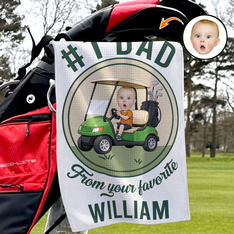 Personalized Golf Towel with Kid's Photo - Custom Picture Gift for Dad, Grandpa - Best Father's Day Golfing Accessories