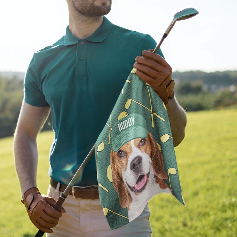 Personalized Pet Photo Golf Towel - Custom Dog Face Wearing Hat Design - Waffle Microfiber Towel with Clip - Funny Dog Dad Gift