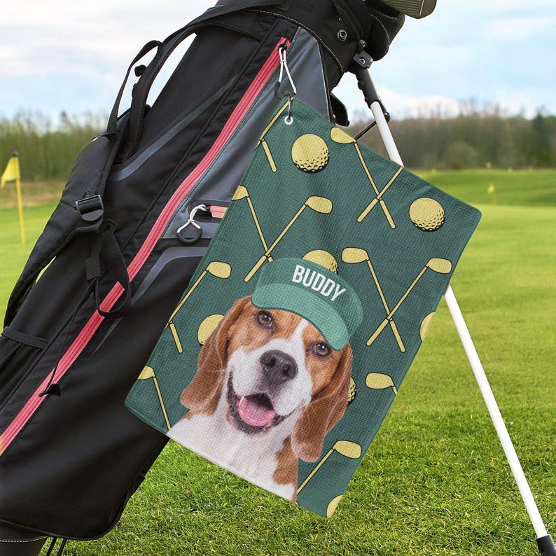 Personalized Pet Photo Golf Towel - Custom Dog Face Wearing Hat Design - Waffle Microfiber Towel with Clip - Funny Dog Dad Gift