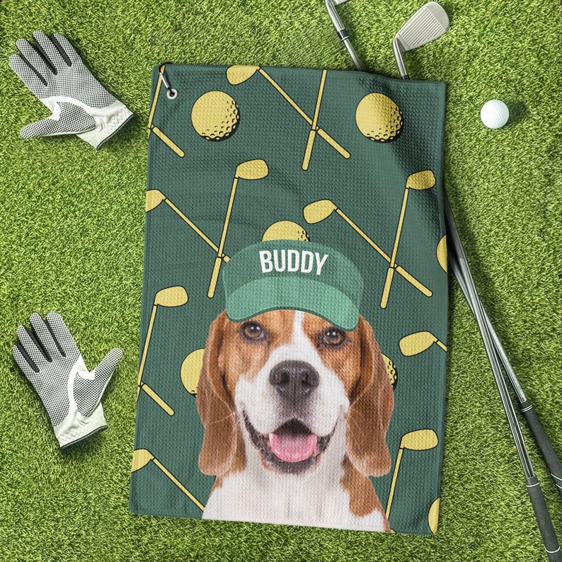 Personalized Pet Photo Golf Towel - Custom Dog Face Wearing Hat Design - Waffle Microfiber Towel with Clip - Funny Dog Dad Gift