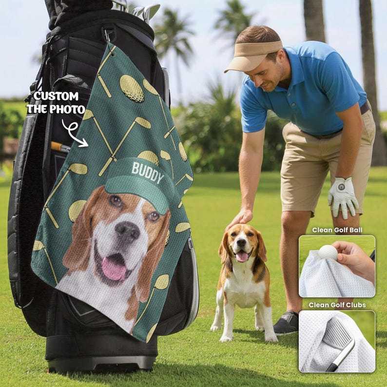 Personalized Pet Photo Golf Towel - Custom Dog Face Wearing Hat Design - Waffle Microfiber Towel with Clip - Funny Dog Dad Gift