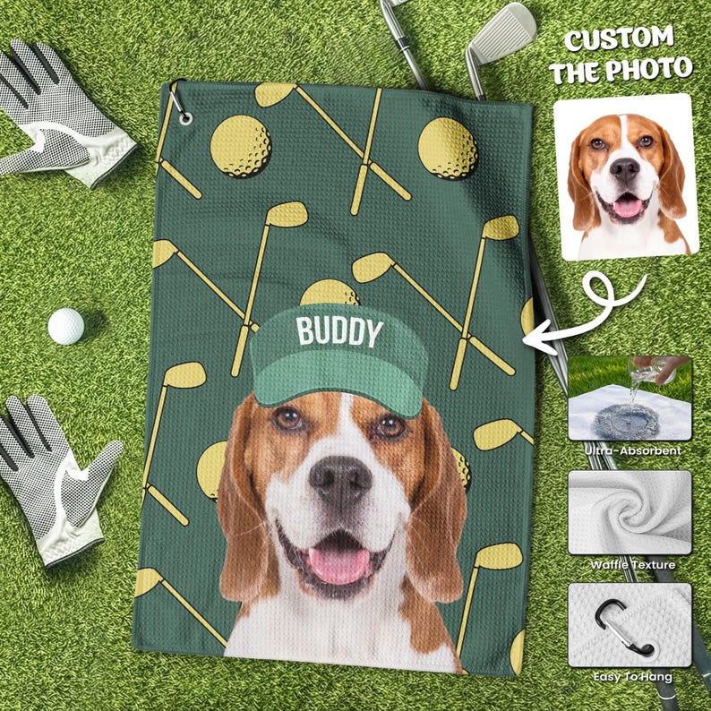 Personalized Pet Photo Golf Towel - Custom Dog Face Wearing Hat Design - Waffle Microfiber Towel with Clip - Funny Dog Dad Gift