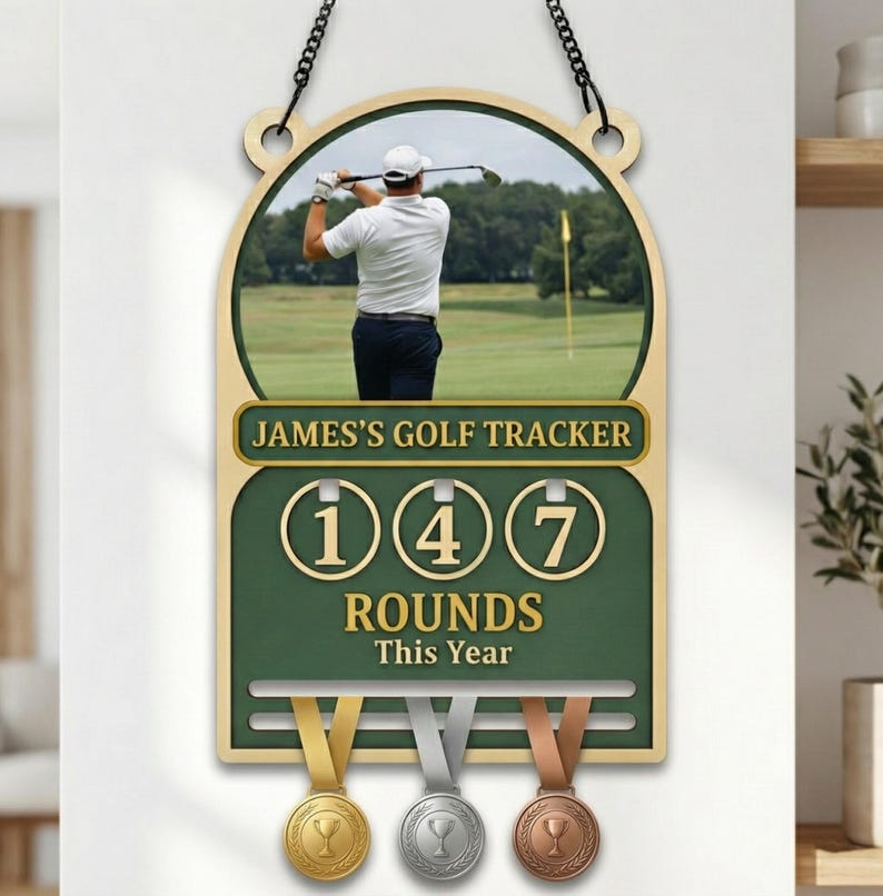 Personalized Golf Rounds Tracker & Medal Hanger, Custom Photo Frame Golf Sign, Wooden Annual Score Counter Display, Ultimate Golf Gift for Him