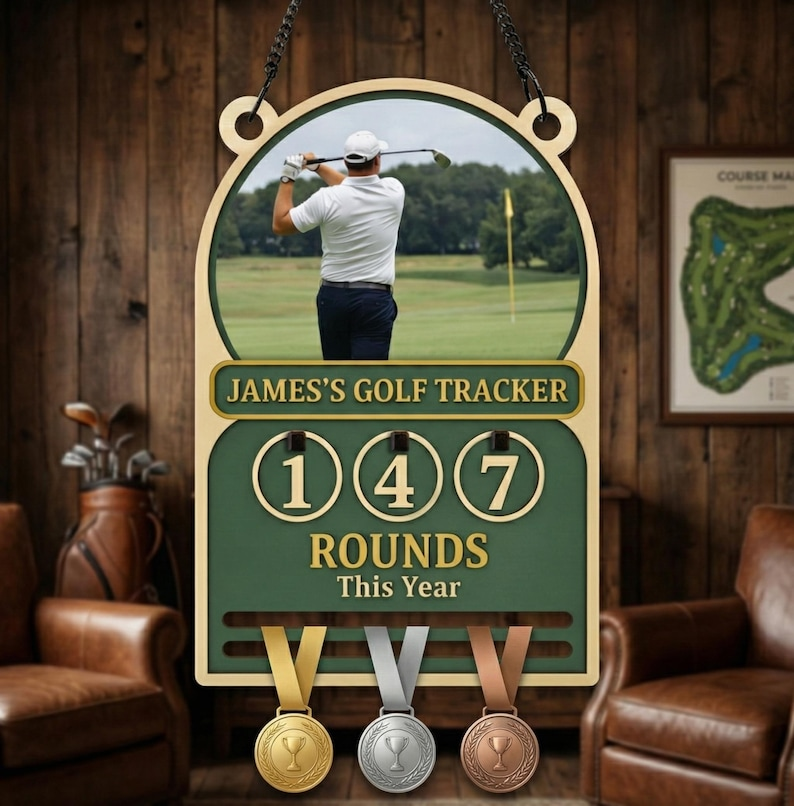 Personalized Golf Rounds Tracker & Medal Hanger, Custom Photo Frame Golf Sign, Wooden Annual Score Counter Display, Ultimate Golf Gift for Him