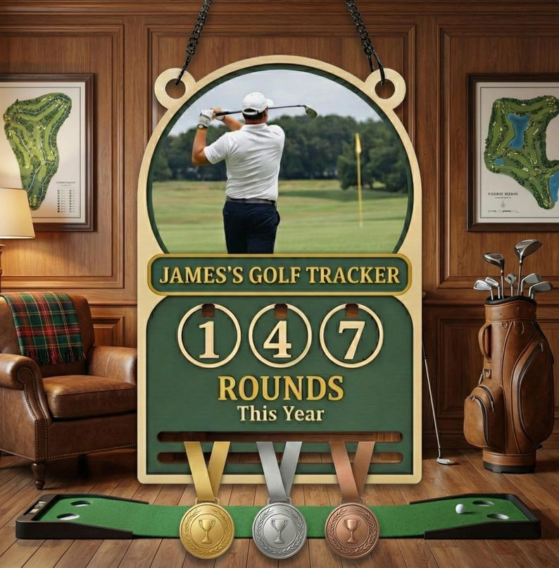 Personalized Golf Rounds Tracker & Medal Hanger, Custom Photo Frame Golf Sign, Wooden Annual Score Counter Display, Ultimate Golf Gift for Him