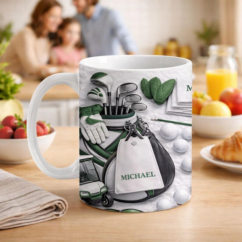 Personalized Essentials Golf Mug, Custom Name on Towel & Bag Tag, Realistic Golf Shoes & Clubs Coffee Cup, Modern Golfer Gift for Dad