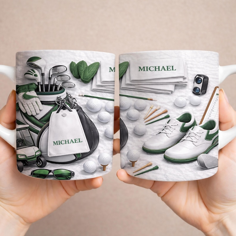 Personalized Essentials Golf Mug, Custom Name on Towel & Bag Tag, Realistic Golf Shoes & Clubs Coffee Cup, Modern Golfer Gift for Dad