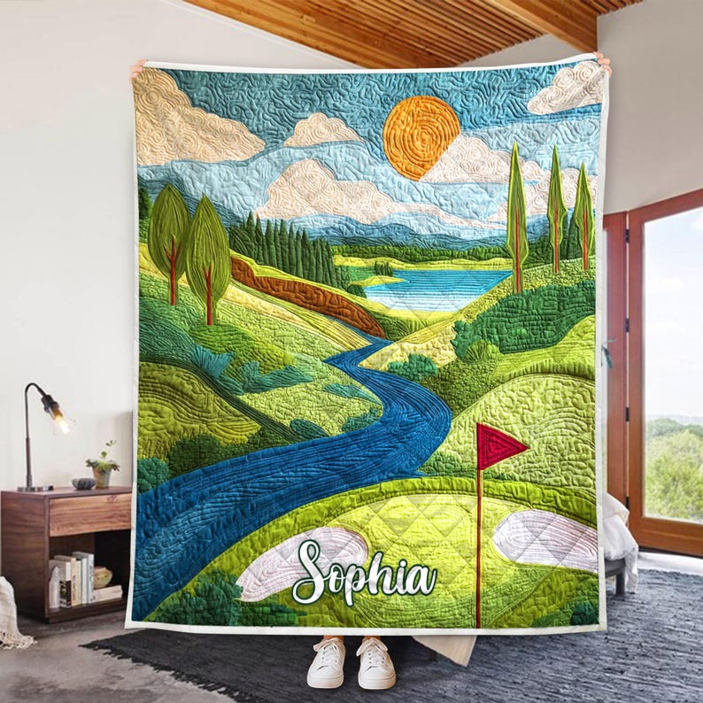 Custom Name Golf Landscape Quilted Blanket, Scenic Nature Quilt, Golfer Lover Gift, Unique Home Decor Bed Blanket, Sunset Golf Blanket