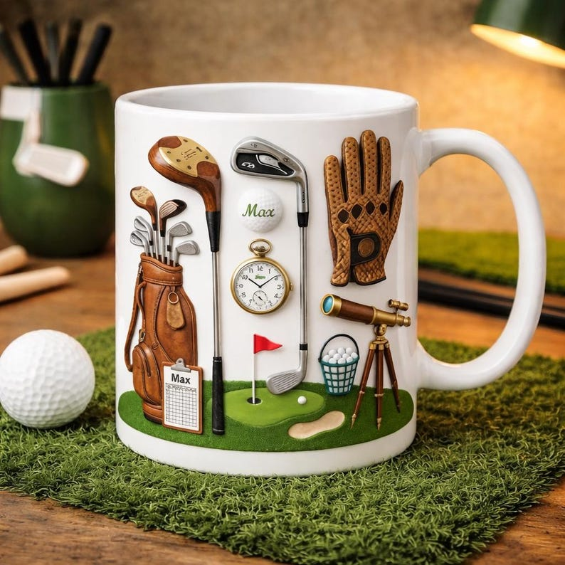 Personalized Vintage Golf Mug, Custom Name 3D Art Effect Coffee Cup, Antique Golf Equipment Bag & Clubs Design, Retro Golfer Gift for Dad