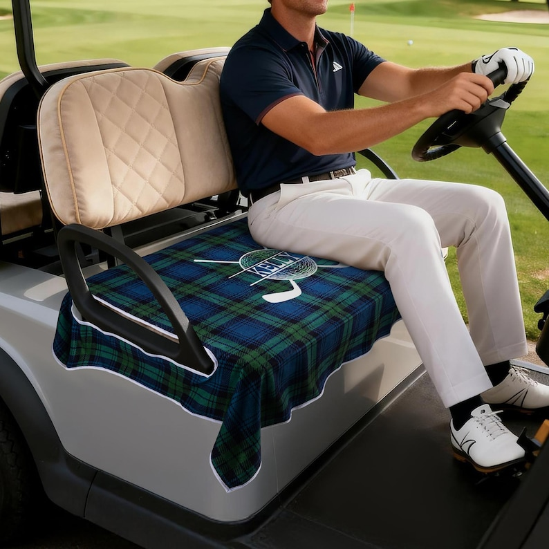 Personalized Golf Club Wreath Plaid Golf Cart Seat Cover with Name and Initial Golf Course Accessories Birthday Gift for Golfers