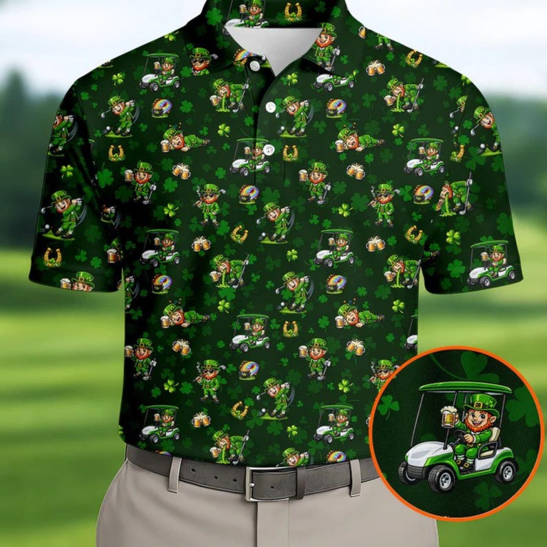 St. Patrick's Day Golf Polo Shirt - Funny Leprechaun Drinking Beer Design - Novelty Gift for Husband, Gift for Dad, Gift for Golfer