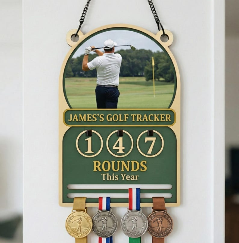 Personalized Golf Rounds Tracker & Medal Hanger, Custom Photo Frame Golf Sign, Wooden Annual Score Counter Display, Ultimate Golf Gift for Him