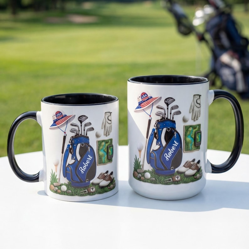 Personalized Golf Mug Lover Coffee, Custom Name Golf Ceramic Mug, 250th USA Anniversary Patriotic Father’s Day Gift for Dad Grandpa