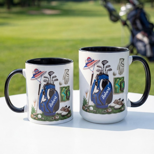 Personalized Golf Mug Lover Coffee, Custom Name Golf Ceramic Mug, 250th USA Anniversary Patriotic Father’s Day Gift for Dad Grandpa CRMGTP10