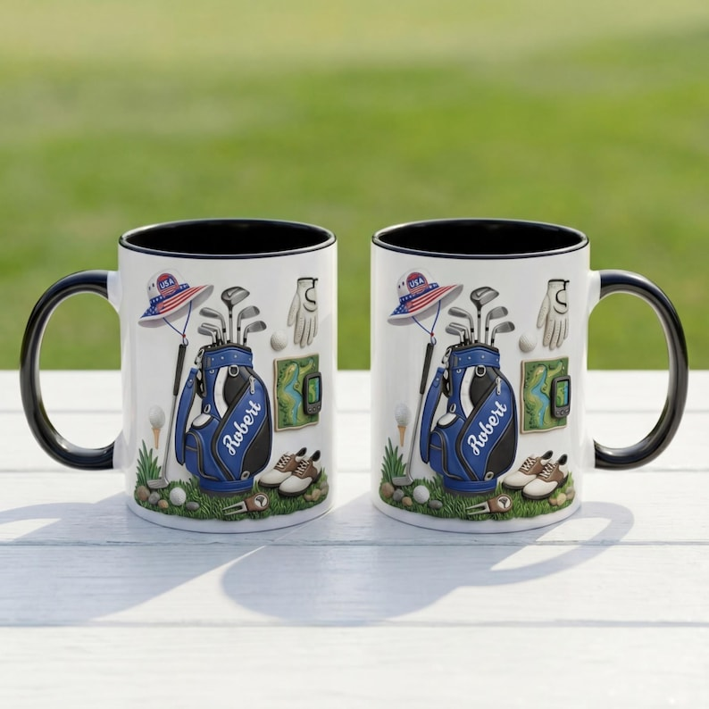 Personalized Golf Mug Lover Coffee, Custom Name Golf Ceramic Mug, 250th USA Anniversary Patriotic Father’s Day Gift for Dad Grandpa