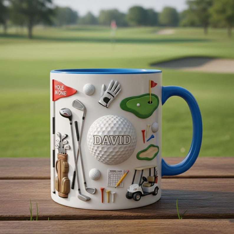Personalized Golf Mug, Custom Name Golf Coffee 2D Flat Mug, Sports Lover Accent Mug, Gift for Golf Players