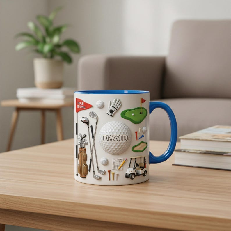 Personalized Golf Mug, Custom Name Golf Coffee 2D Flat Mug, Sports Lover Accent Mug, Gift for Golf Players