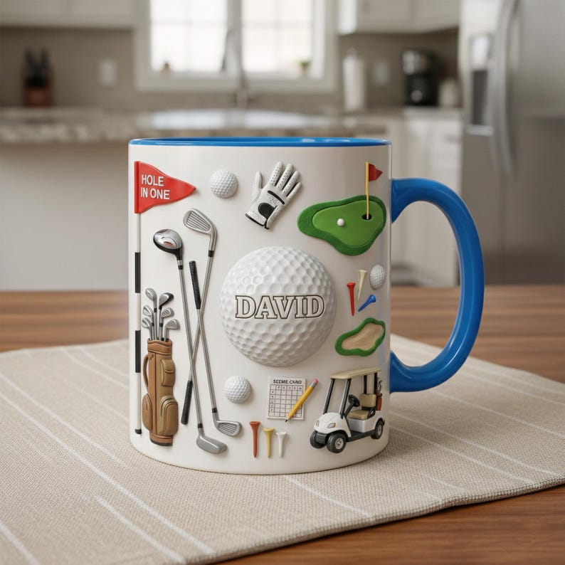 Personalized Golf Mug, Custom Name Golf Coffee 2D Flat Mug, Sports Lover Accent Mug, Gift for Golf Players