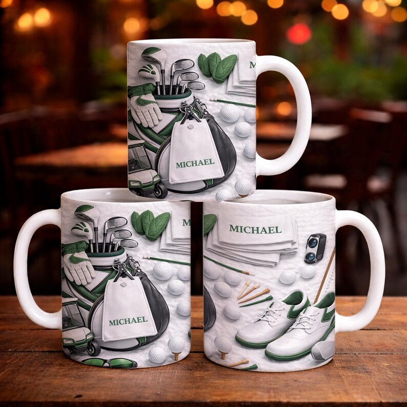 Personalized Essentials Golf Mug, Custom Name on Towel & Bag Tag, Realistic Golf Shoes & Clubs Coffee Cup, Modern Golfer Gift for Dad