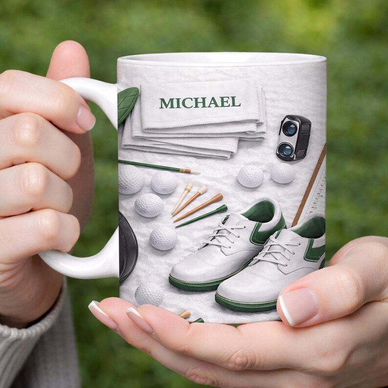 Personalized Essentials Golf Mug, Custom Name on Towel & Bag Tag, Realistic Golf Shoes & Clubs Coffee Cup, Modern Golfer Gift for Dad