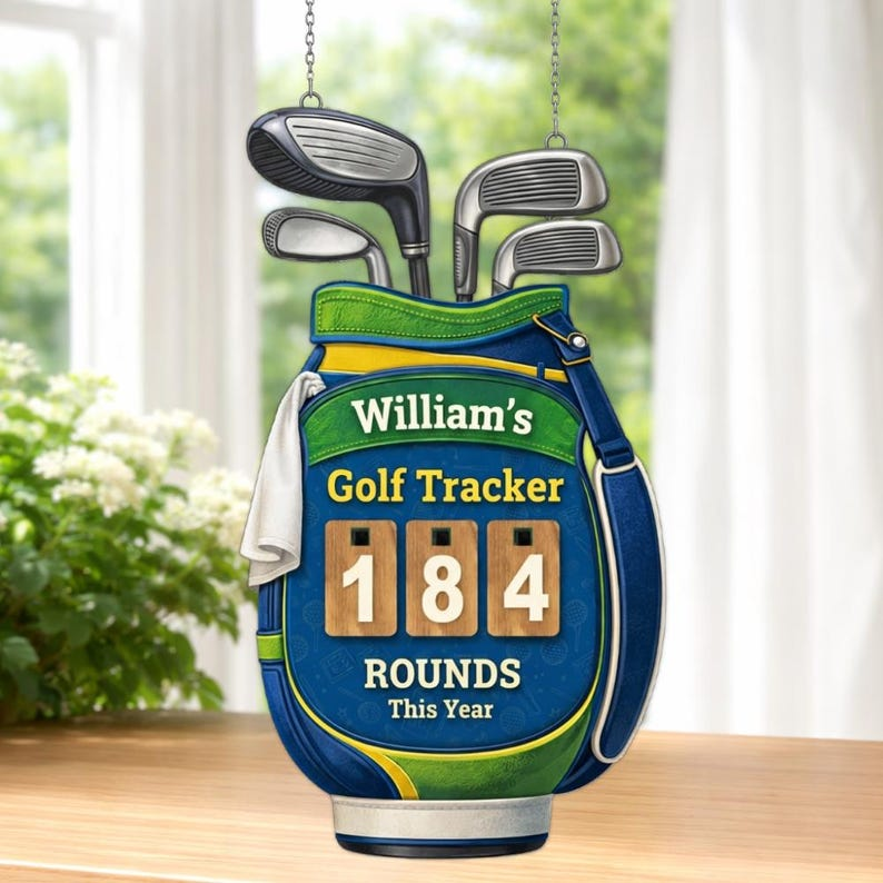 Personalized Golf Rounds Tracker Sign, Wooden Annual Score Counter with Interchangeable Numbers, Custom Golf Bag Wall Decor,  Gift for Golfer Dad