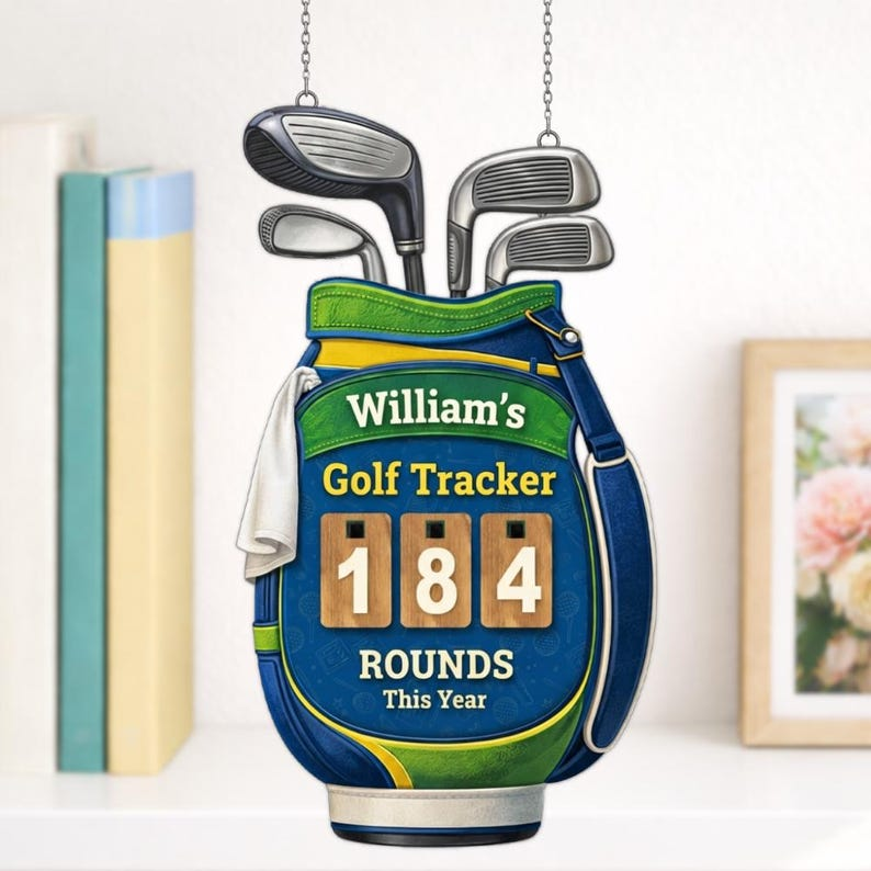 Personalized Golf Rounds Tracker Sign, Wooden Annual Score Counter with Interchangeable Numbers, Custom Golf Bag Wall Decor,  Gift for Golfer Dad