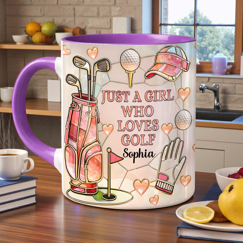 Personalized 2D Flat Girl Who Loves Golf Mug, Cute Golf Coffee Mug, Custom Golf Lover Gift for Her, Golf Theme Coffee Cup